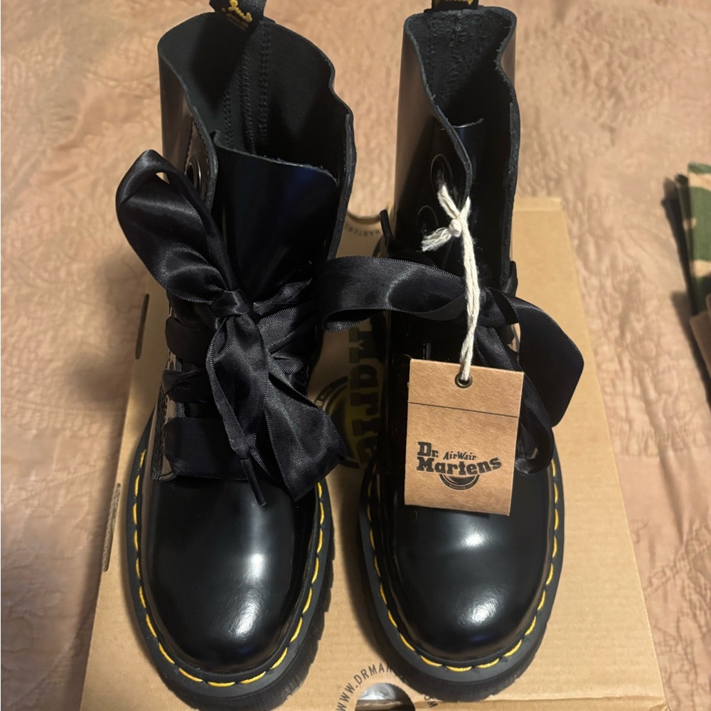 Dr. Martens Glossy Black Boots with Satin Ribbon